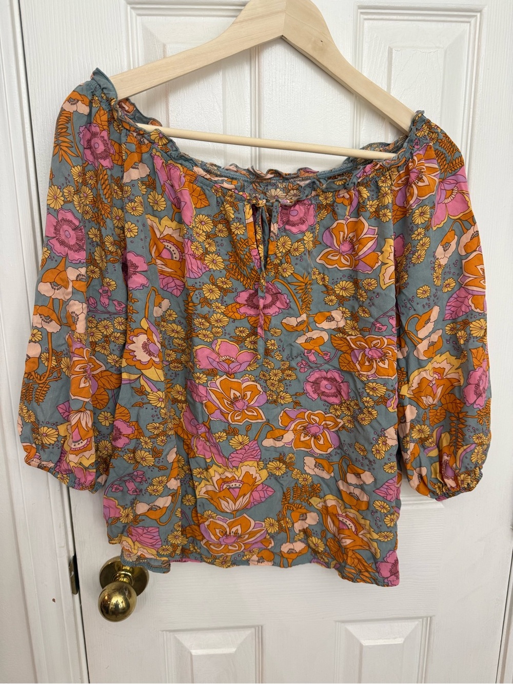 Floral Off-Shoulder Peasant Top - Pink & Orange Floral